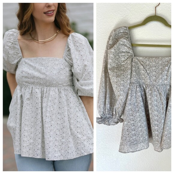 Storia "Hunter" Babydoll Eyelet Puff Sleeve Blouse in Light Grey & White Size S - Picture 1 of 13